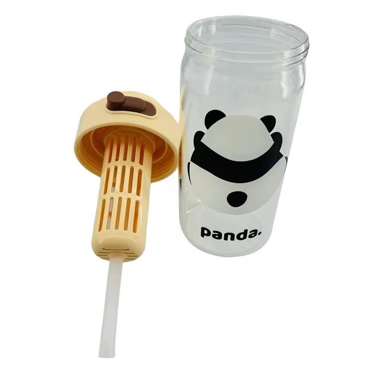 Panda Glass Water Bottle with Filter - Simple Portable Design.