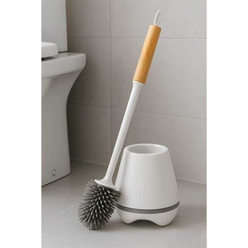 Silicone Toilet Brush with a Natural Wood Handle.