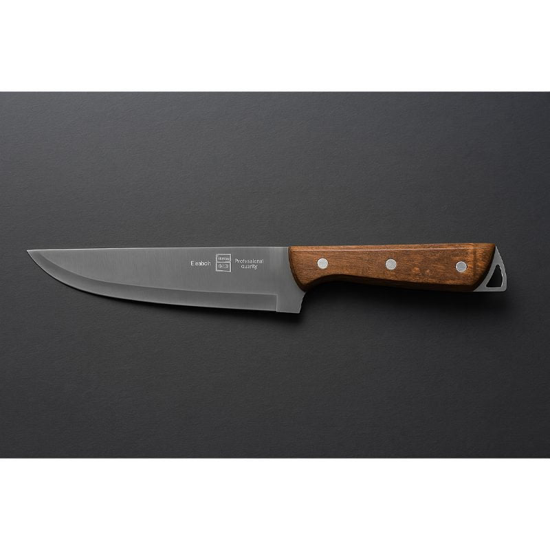 Metal chef knife with hardwood handle.