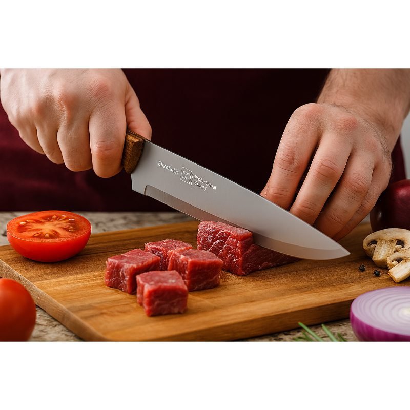 Metal chef knife with hardwood handle.