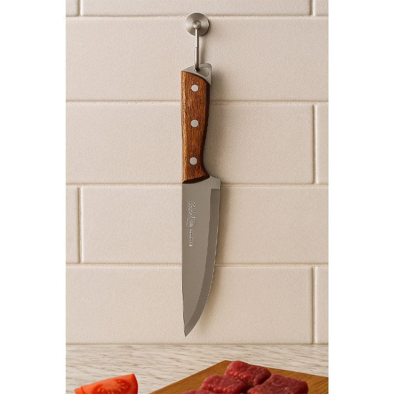 Metal chef knife with hardwood handle.