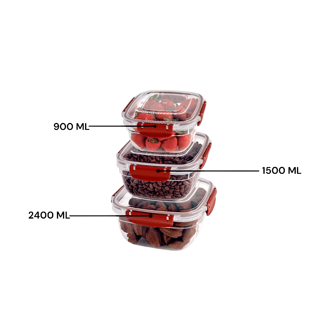 Three rectangular food storage containers with airtight orange locking lids in 900 ml, 1500 ml, and 2400 ml sizes