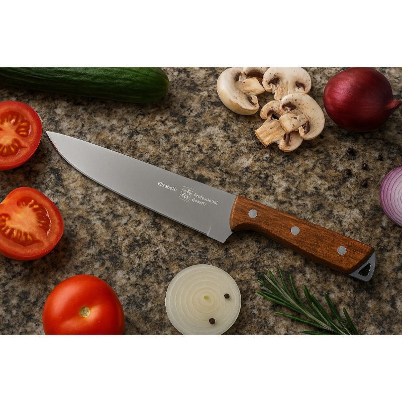 Metal chef knife with hardwood handle.