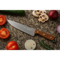 Metal chef knife with hardwood handle.