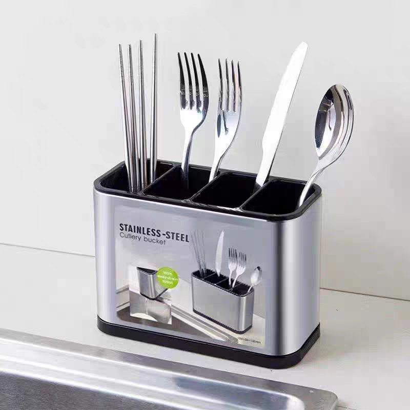 Smart Cutlery Organizer – Plastic x Stainless Steel Construction with 4 Interior Compartments and Bottom Drain.