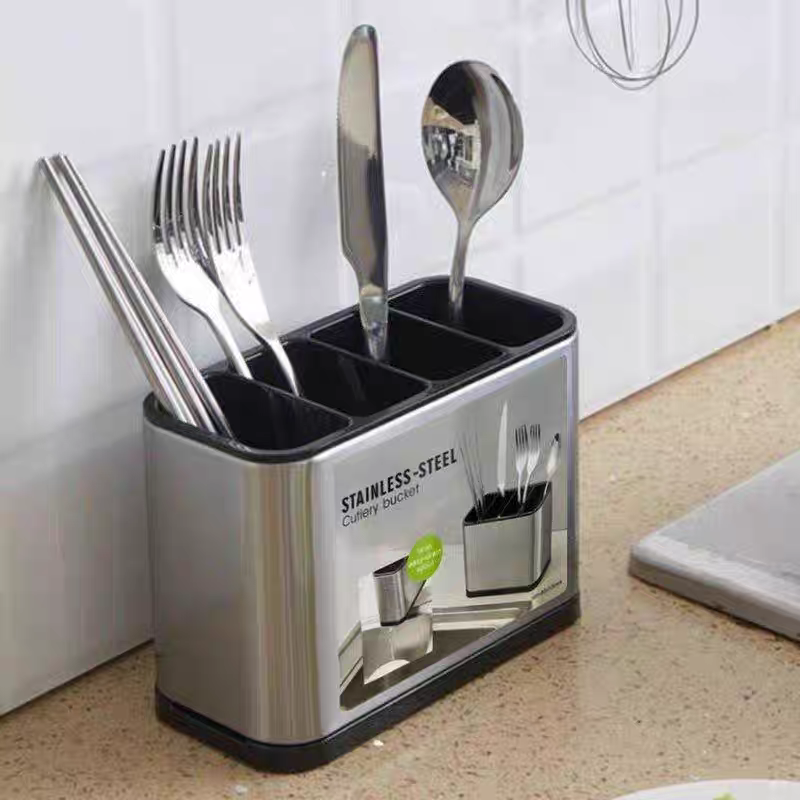 Smart Cutlery Organizer – Plastic x Stainless Steel Construction with 4 Interior Compartments and Bottom Drain.