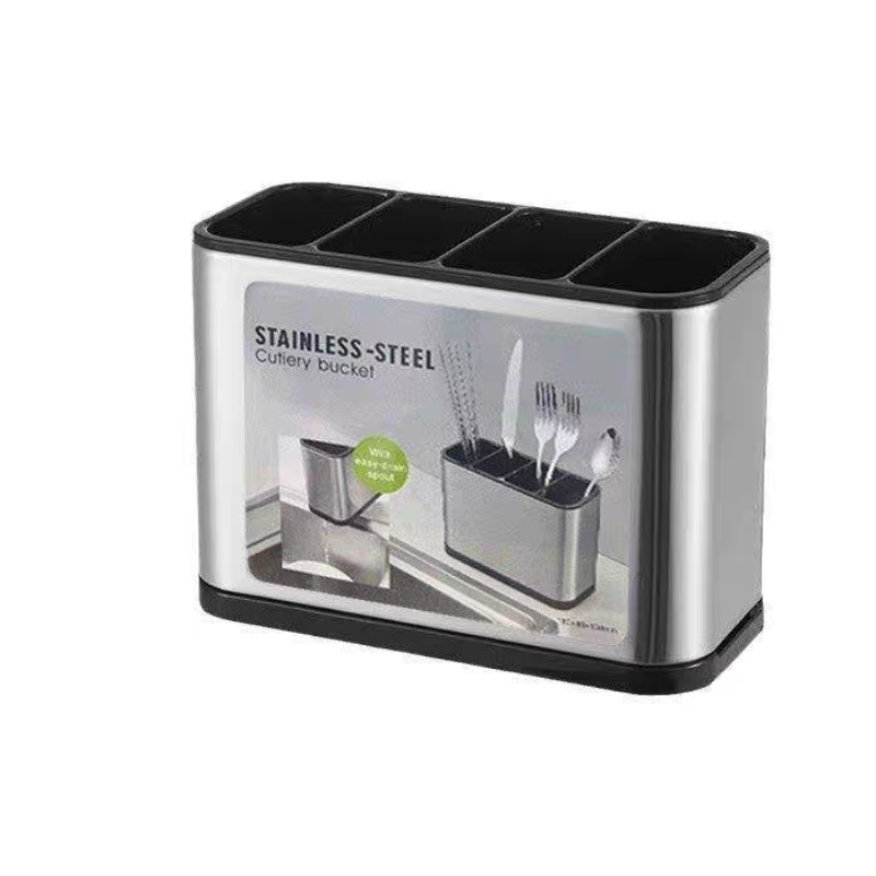 Smart Cutlery Organizer – Plastic x Stainless Steel Construction with 4 Interior Compartments and Bottom Drain.