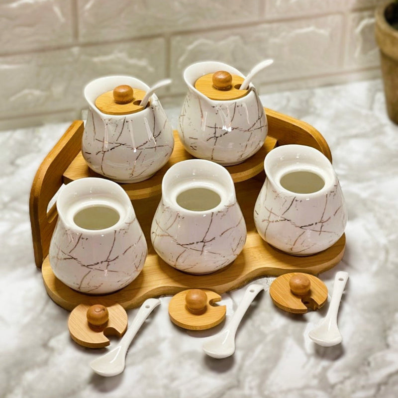 Luxury Porcelain Spice Set - Modern Marble Pattern with Natural Bamboo Stand and Lids.